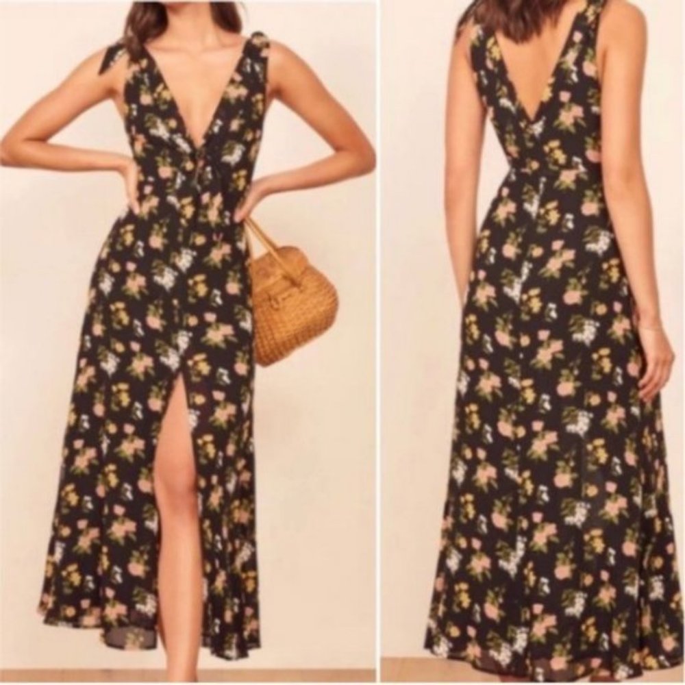 Reformation Pink and Black Ruffled Wrap Maxi Dress